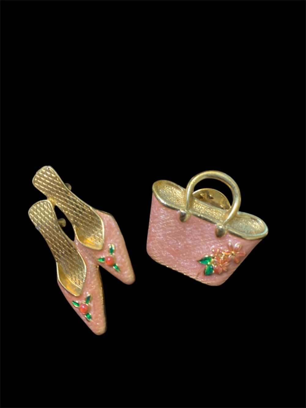 Avon VINTAGE Pink Enamel Heel and Handbag Pin Set with Gold Accents